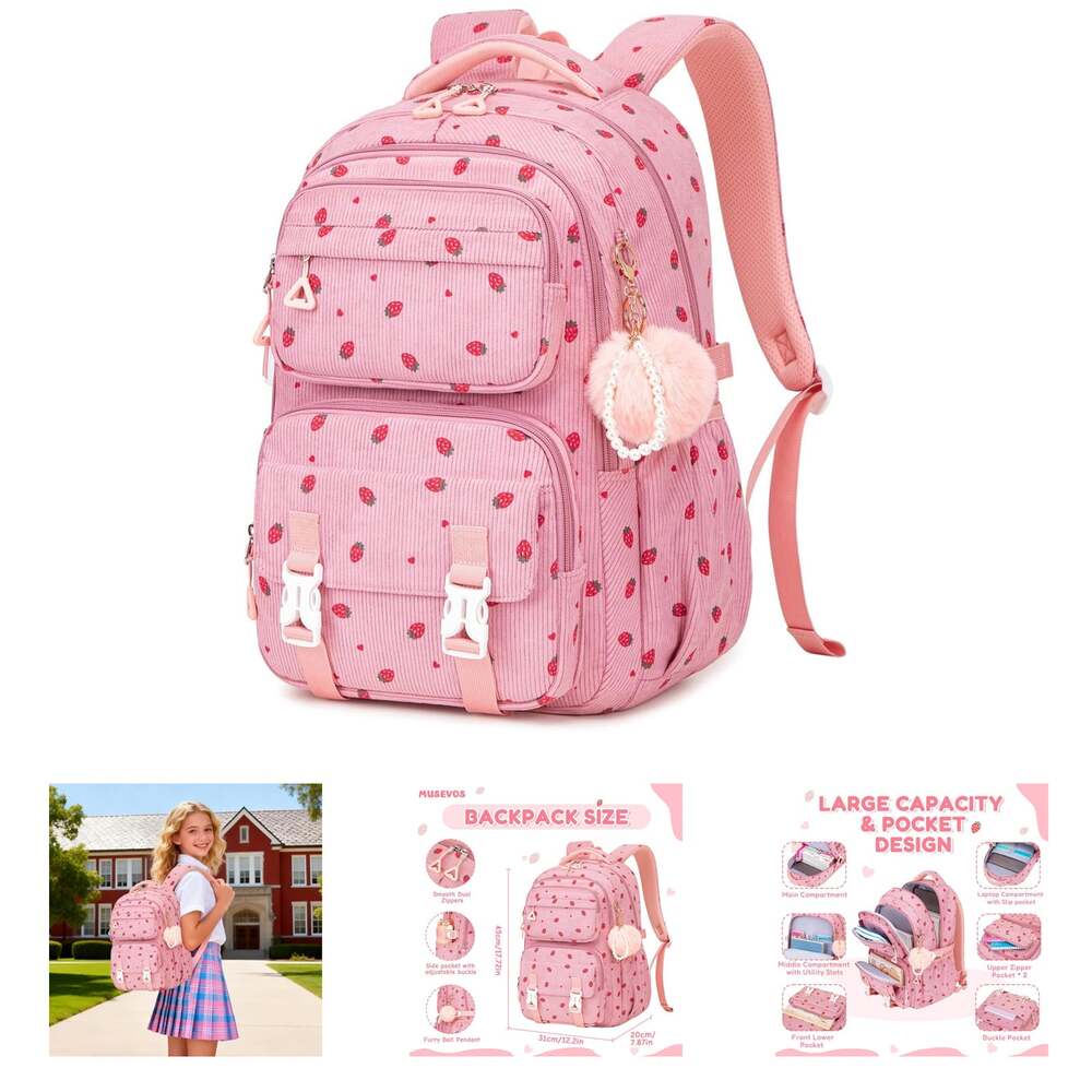 Kids Backpack for Girls Corduroy School Bag with Laptop Compartment Pink
